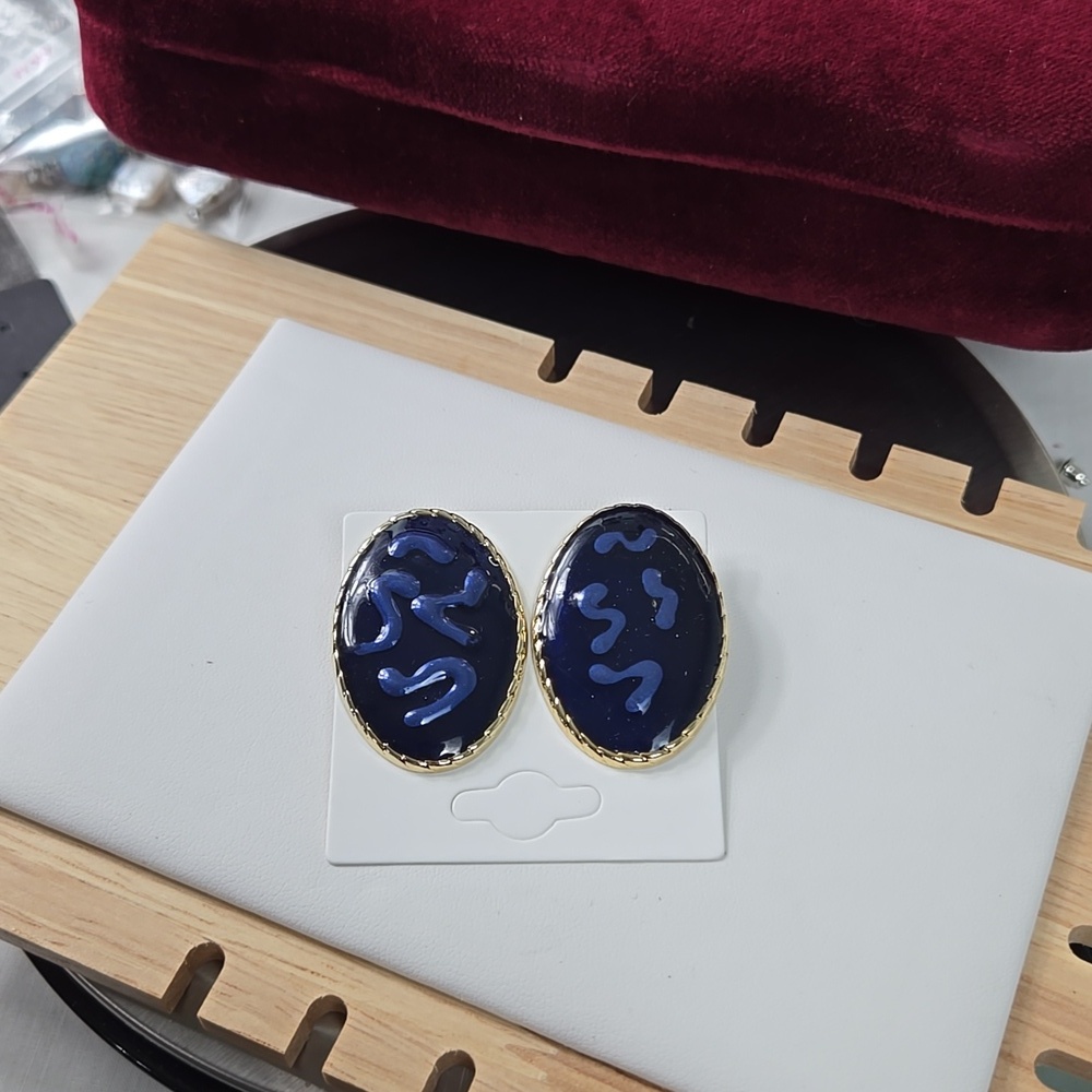 Navy and Gold Oval Enamel Earrings Stud Earrings